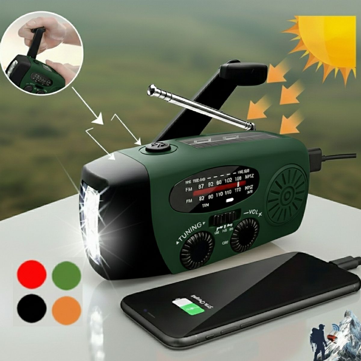 GENERICO - Radio Portatil AM FM Solar Emergencia Linterna Manivela Dinamo Power Bank SOS Meteorologico