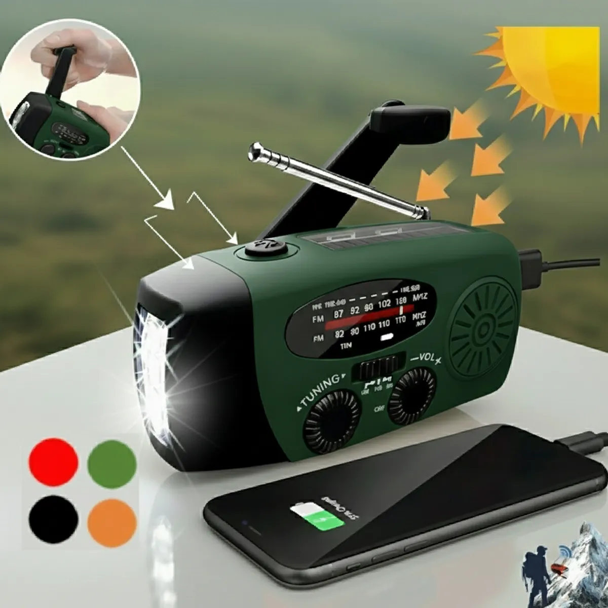 GENERICO - Radio Portatil AM FM Solar Emergencia Linterna Manivela Dinamo Power Bank SOS Meteorologico