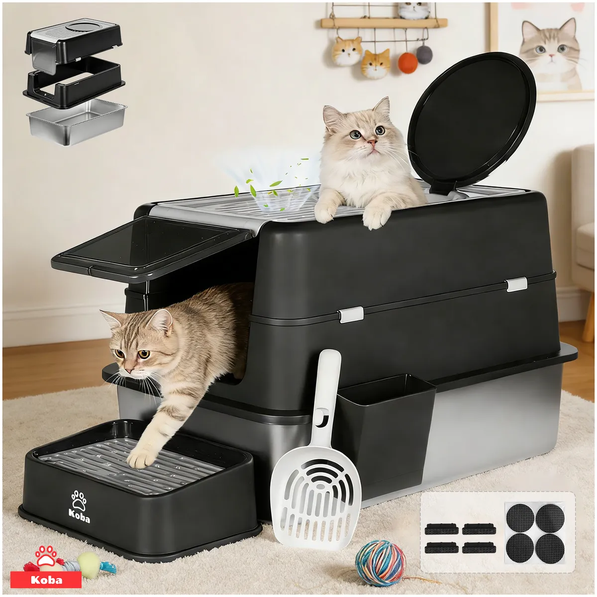 KOBA - Set Arenero Gato Cerrado Baño Sanitario Michi Acero Inox Xxl Negro
