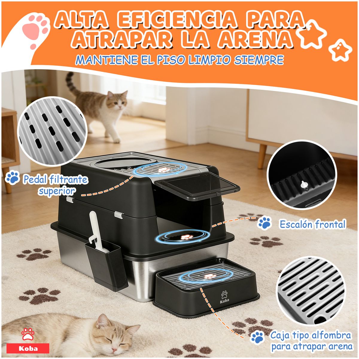 KOBA - Set Arenero Gato Cerrado Baño Sanitario Michi Acero Inox Xxl Negro