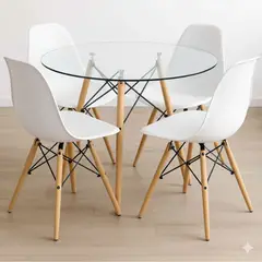 GENERICO - Juego De Comedor 4 Sillas Blancas Eames + Mesa Redonda Eames De 80cm
