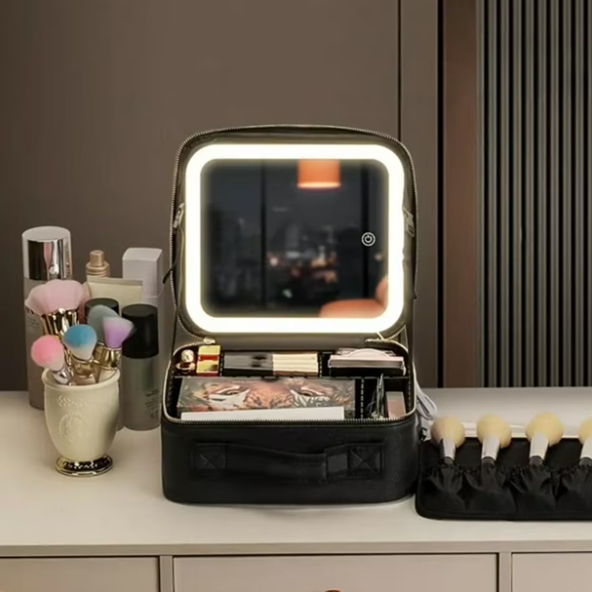 GENERICO - Cosmetiquero Negro Con Espejo Luz Led Y Compartimentos
