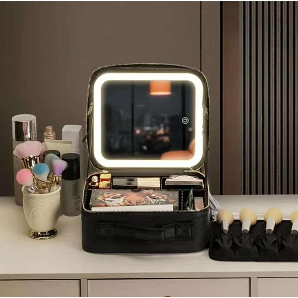 GENERICO - Cosmetiquero Negro Con Espejo Luz Led Y Compartimentos