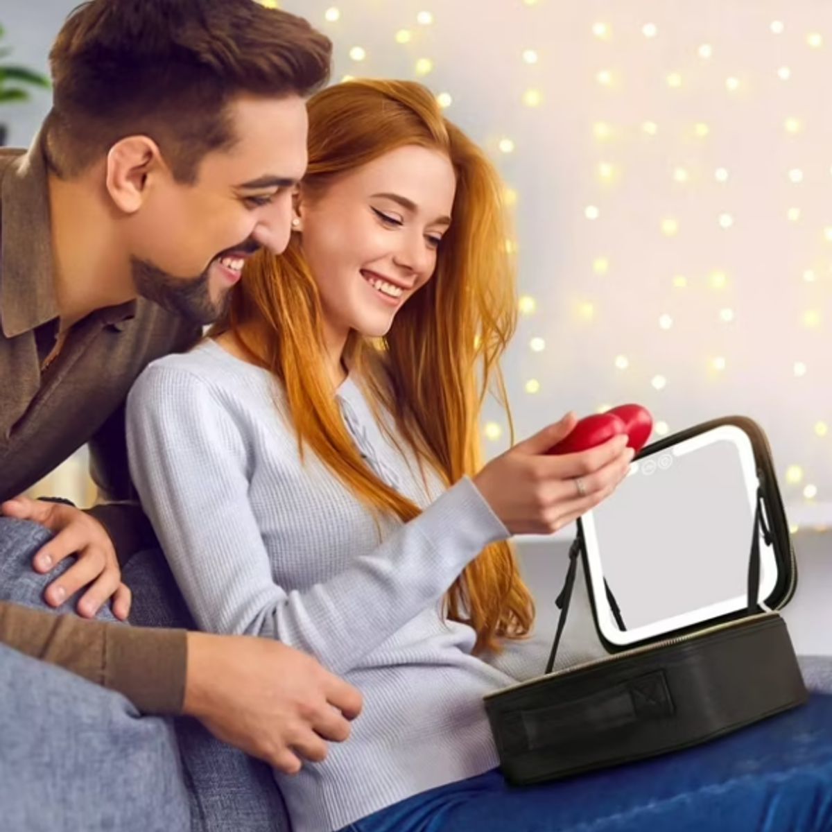 GENERICO - Cosmetiquero Negro Con Espejo Luz Led Y Compartimentos