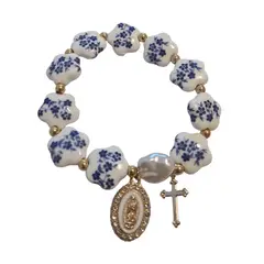 GENERICO - Pulsera Elasticada VIRGEN Y CRUZ blanco y celeste