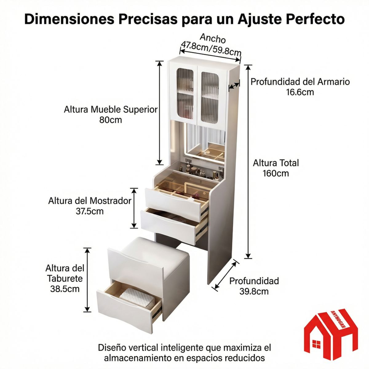 Tocador Lujo Espejo Tipo Velador Con Taburete Con Luz 160cm, marca ANYHOGAR - Foto 2