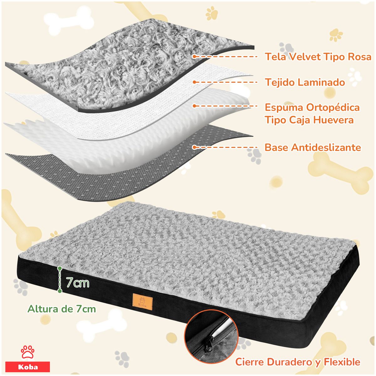 KOBA - Cama Antiestrés Para Perros Gatos Con Colchón Ortopédico Talla M 75x50cm Color Marengo Con Negro