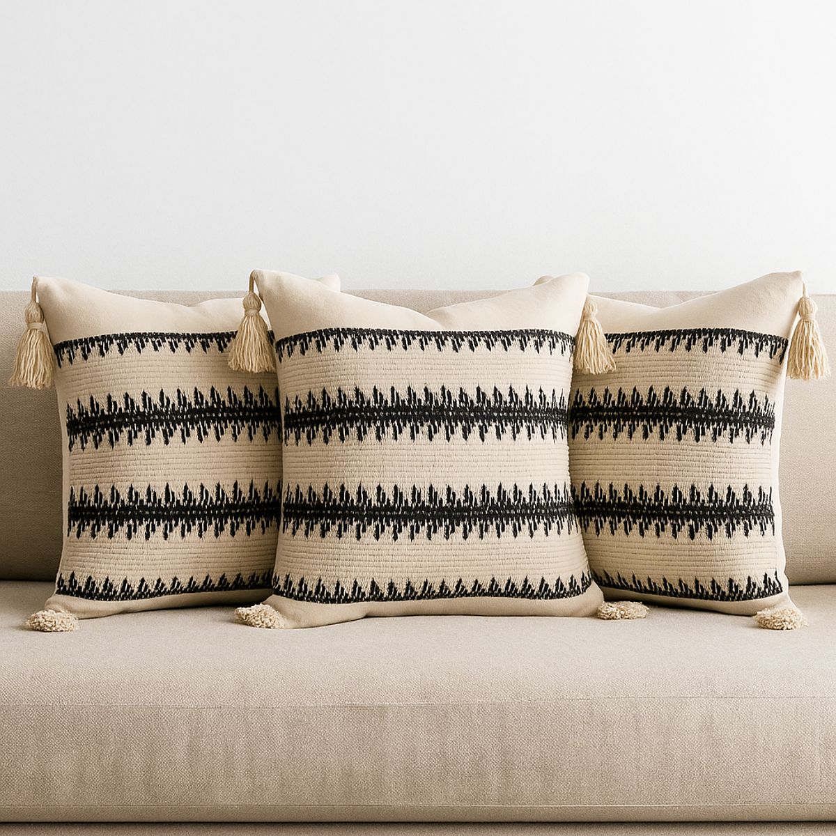 ARMONIA - Pack 3 Fundas Boho Beige con Borlas Decorativa Estilo Bohemio 786