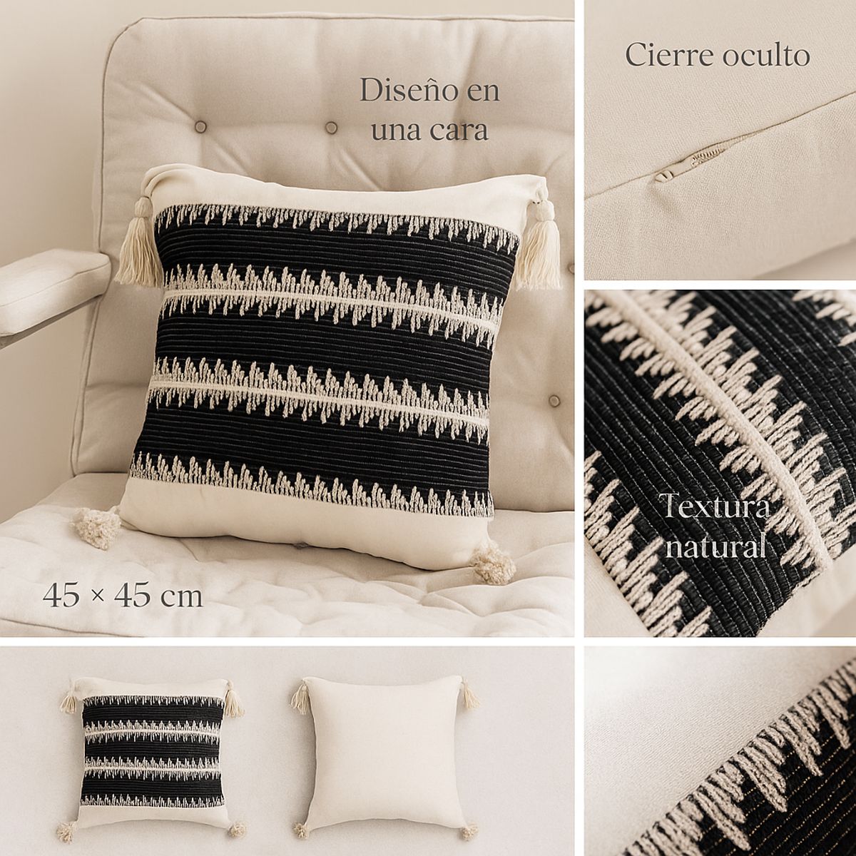 ARMONIA - Set 3 Fundas Decorativas Boho Negra con Borlas Modelo Único 786