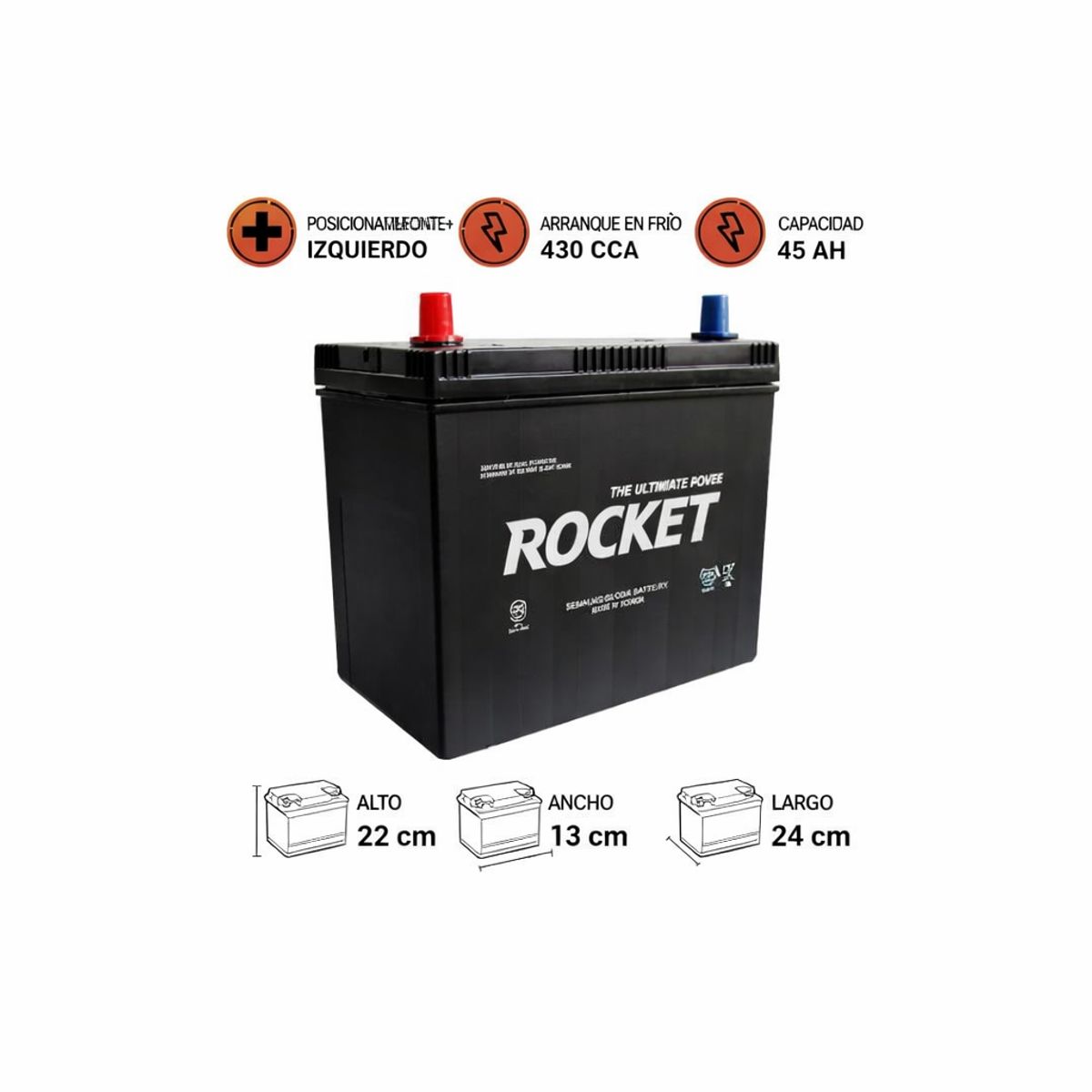 ROCKET - Batería de Auto 45 Ah Positivo Izquierdo 430 CCA
