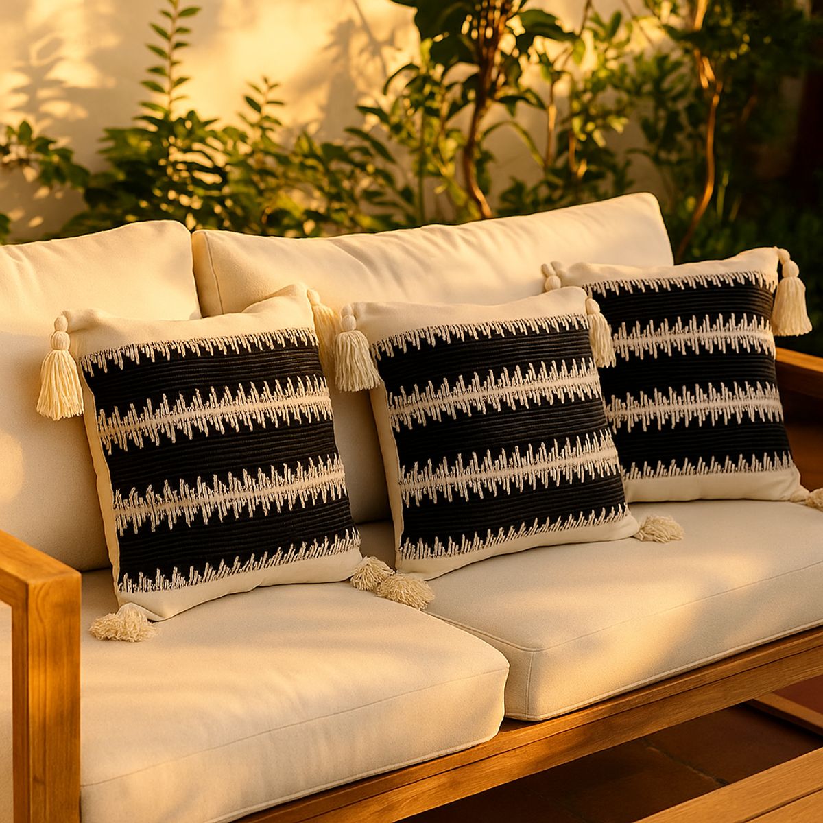 ARMONIA - Pack x3 Fundas Boho Negra con Borlas Decorativa Moderna 786
