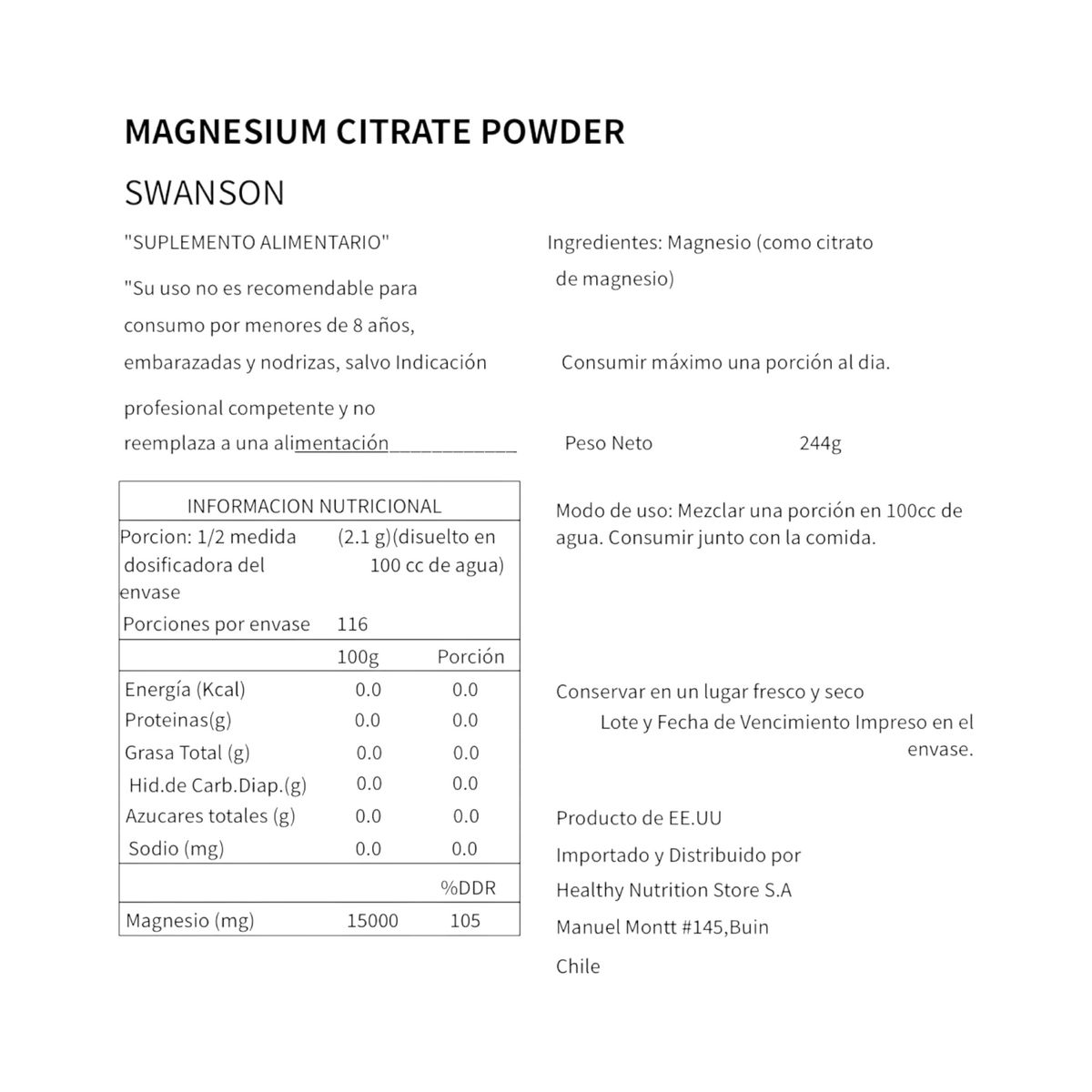 SWANSON - MAGNESIO CITRATO EN POLVO SIN SABOR 244GR - SWANSON