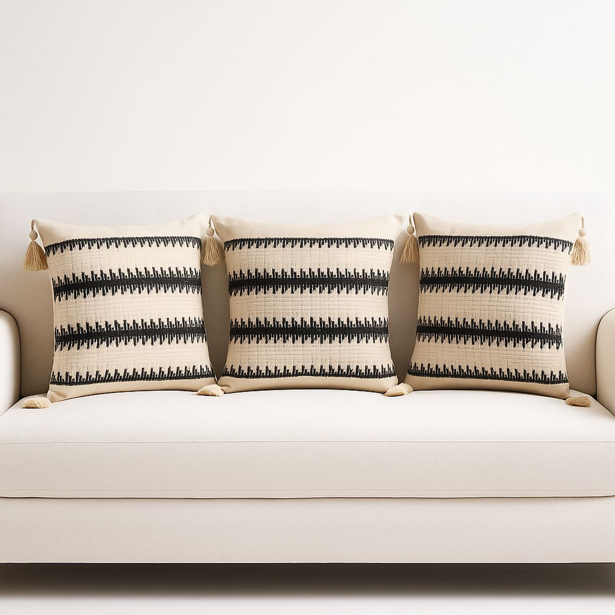 ARMONIA - Pack 3 Fundas Bohemia Beige con Borlas Estilo Boho 45x45cm 786