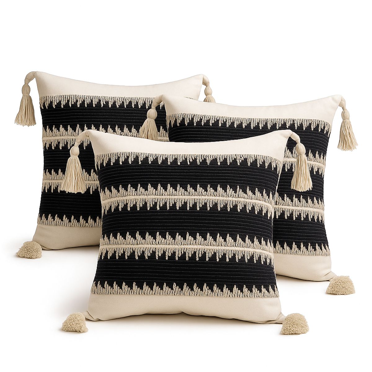 ARMONIA - Pack 3 Fundas Boho Negra con Borlas Decorativa Estilo Bohemio 786