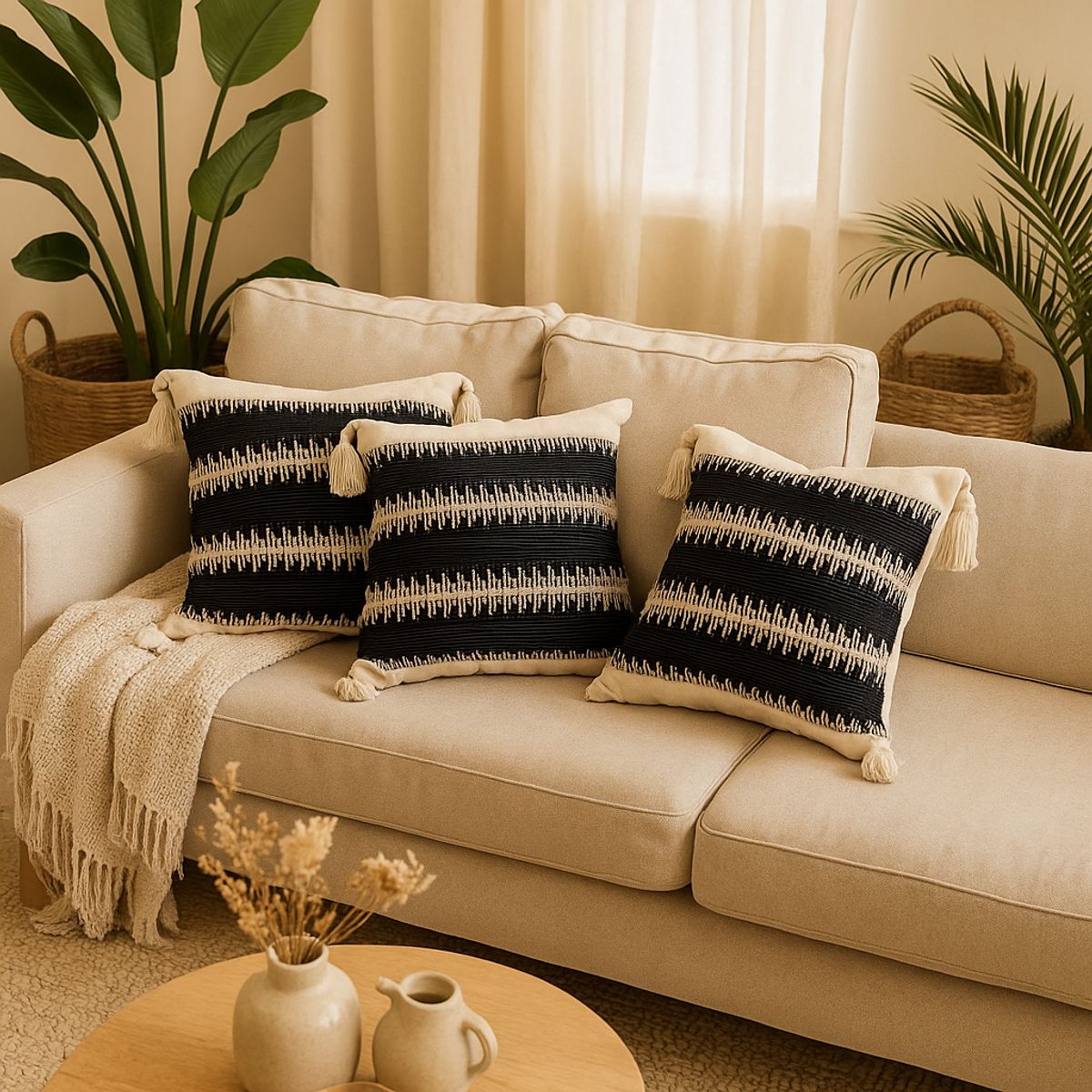 ARMONIA - Juego 3 Fundas Negra Boho con Borlas Decorativa Elegante 786