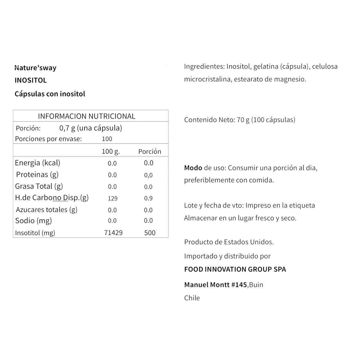 GENERICO - INOSITOL 500MG 100 CAPSULAS - NATURE'S WAY
