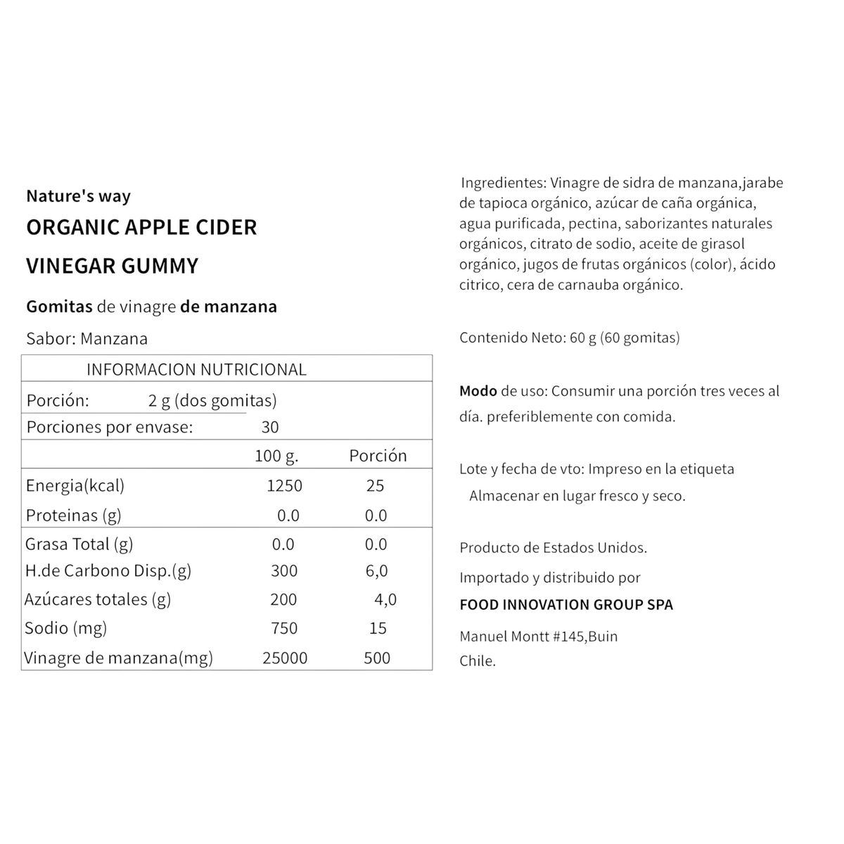 GENERICO - VINAGRE DE MANZANA ORGANICO 60 GOMITAS - NATURE'S WAY
