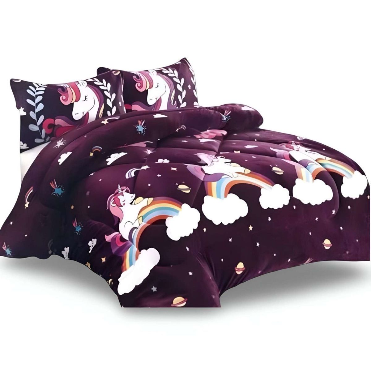 GENERICO - COBERTOR DE INVIERNO DISEÑO UNICORNIO CON ARCOIRIS PLUSH CON CHIPORRO PLAZA Y MEDIA S41