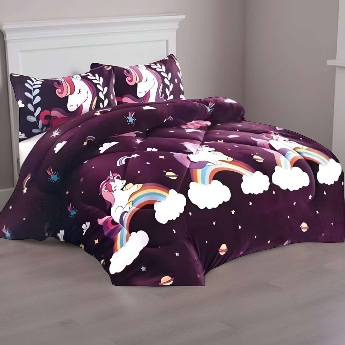 GENERICO - COBERTOR DE INVIERNO DISEÑO UNICORNIO CON ARCOIRIS PLUSH CON CHIPORRO PLAZA Y MEDIA S41