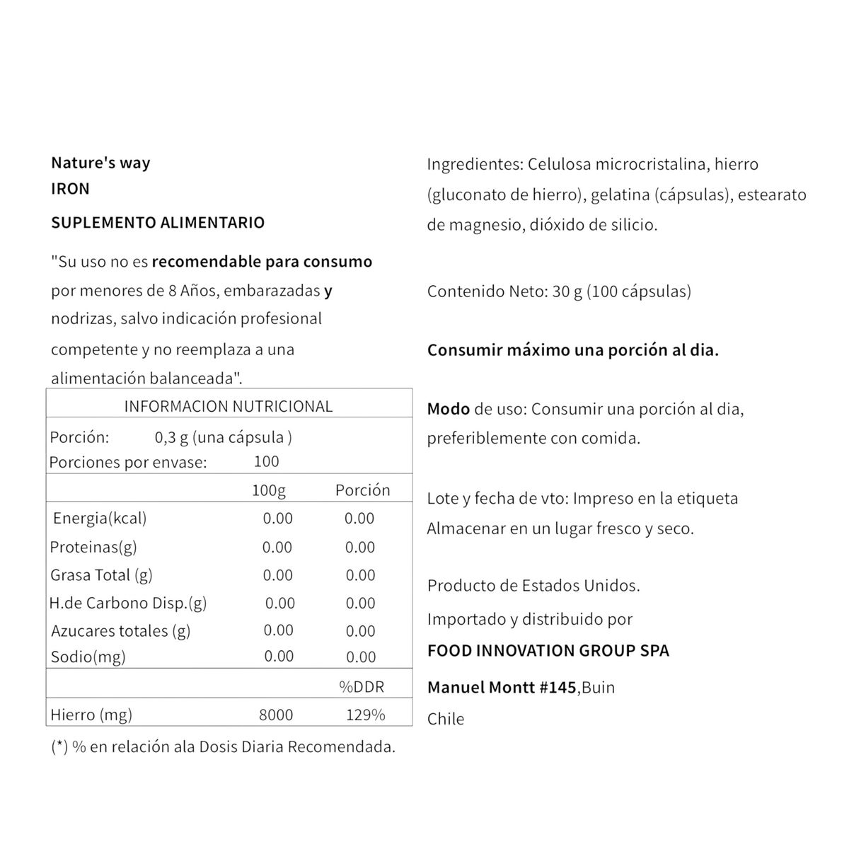 GENERICO - IRON 18MG 100 CAPSULAS - NATURE'S WAY
