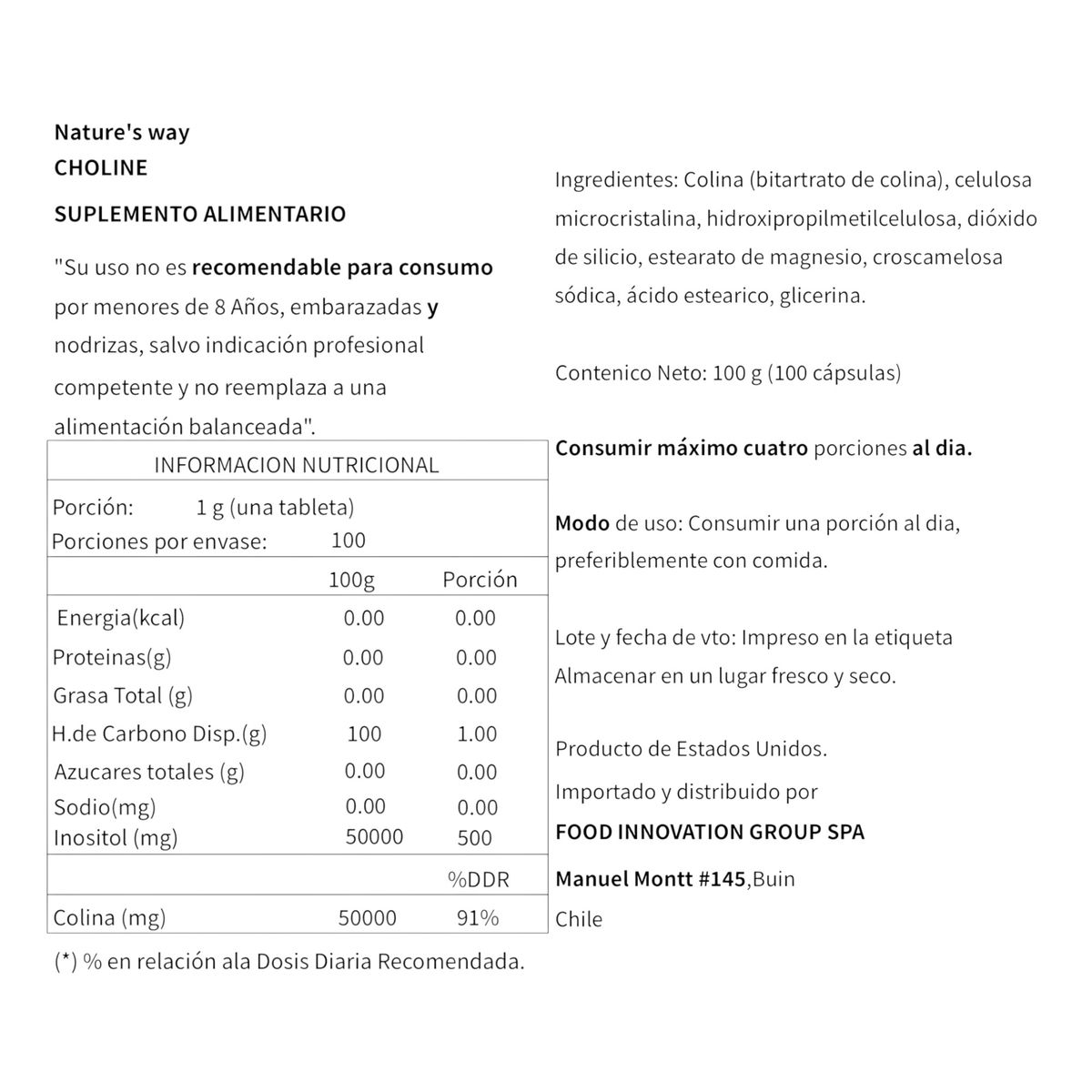 GENERICO - COLINA 500MG 100 CAPSULAS - NATURE'S WAY