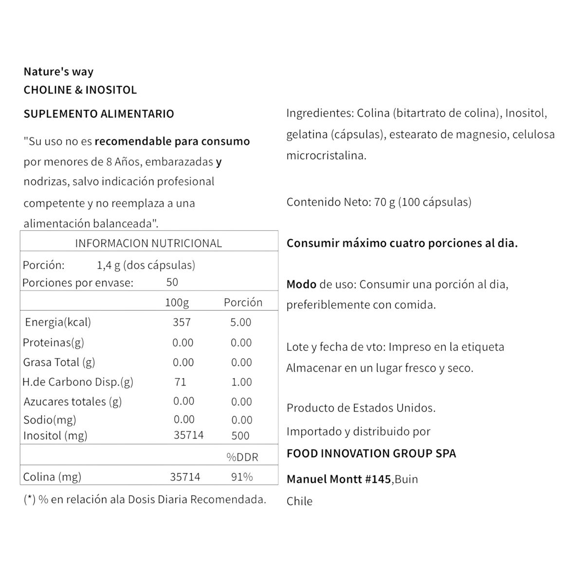 GENERICO - COLINA & INOSITOL 500MG 100 CAPSULAS - NATURE'S WAY