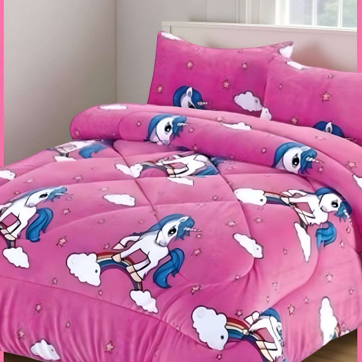 GENERICO - COBERTOR DE INVIERNO DISEÑO UNICORNIO ARCOIRIS PLUSH CON CHIPORRO PLAZA Y MEDIA S42