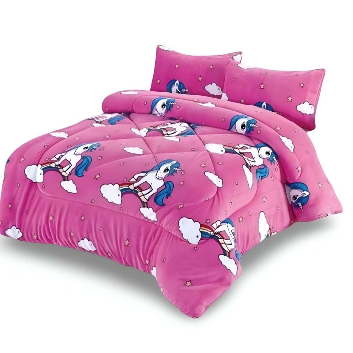 GENERICO - COBERTOR DE INVIERNO DISEÑO UNICORNIO ARCOIRIS PLUSH CON CHIPORRO PLAZA Y MEDIA S42