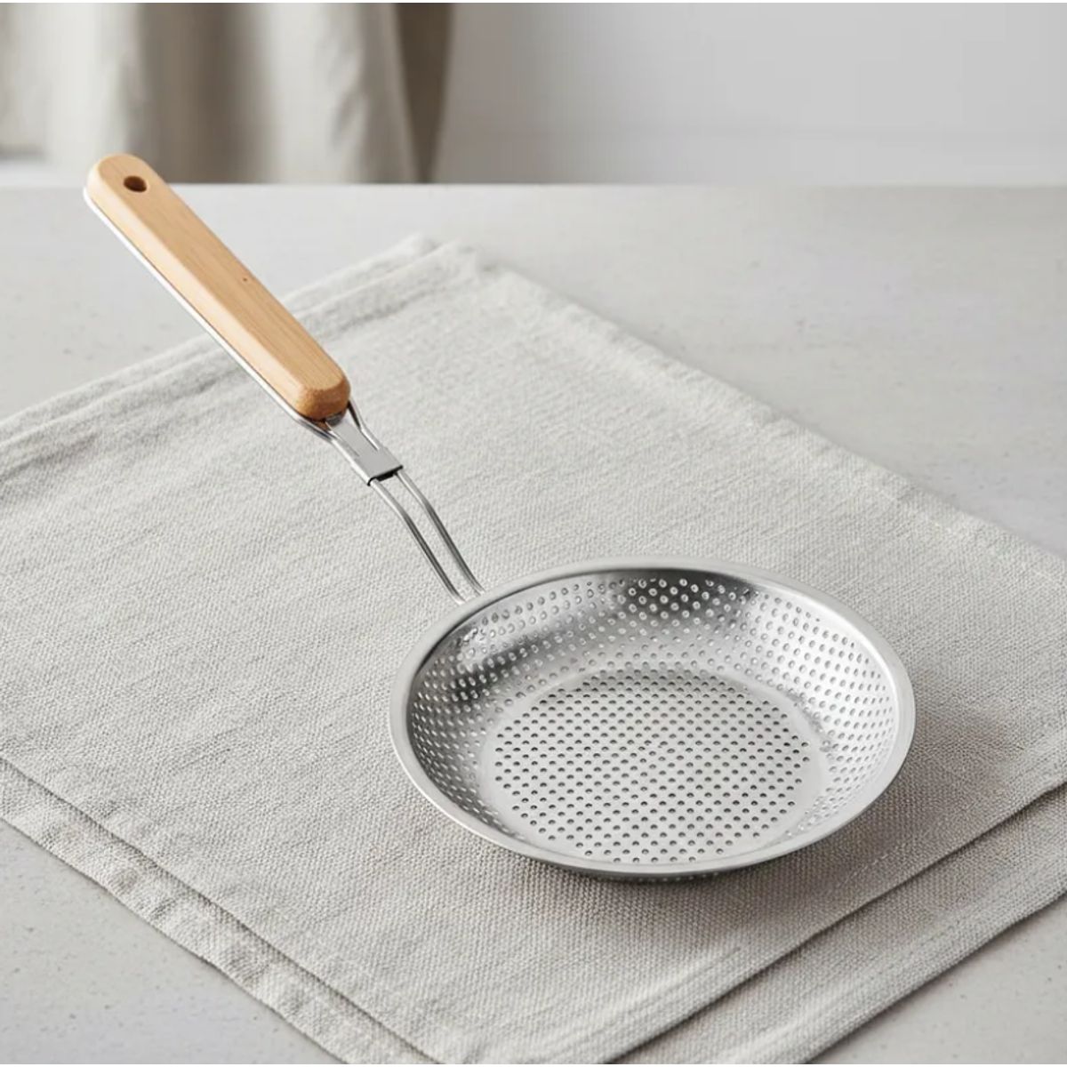 GENERICO - Colador Espumadera Acero Inoxidable Mango Madera 16cm Cocina