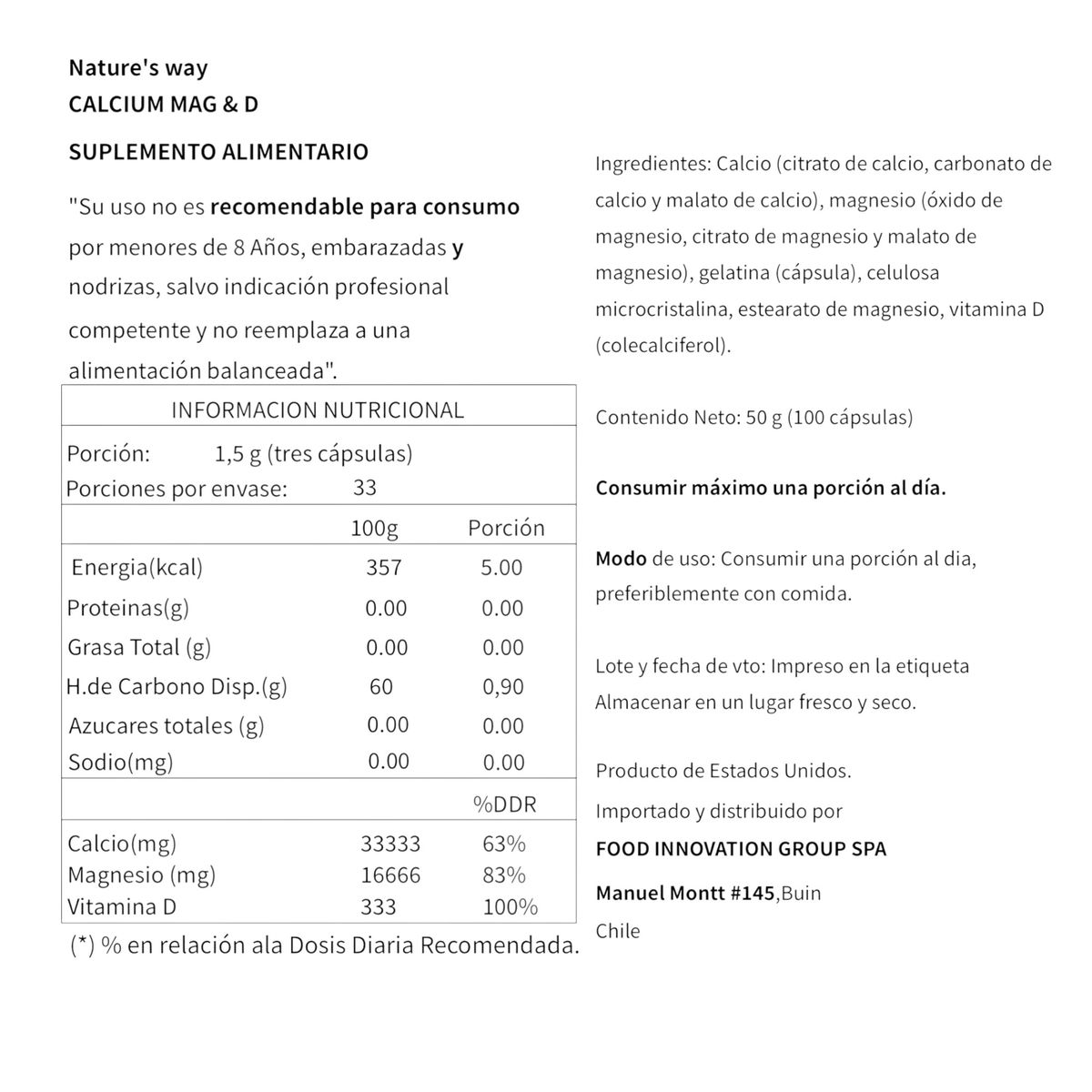 GENERICO - CALCIO MAGNESIO Y VITAMINA D COMPLEX 100 CPS - NATURE'S WAY