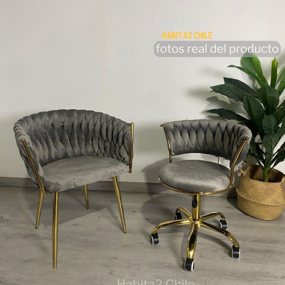 HABITA2 CHILE - Pack 2 sillas Queen Lite Manicurista base metal tapizado terciopelo