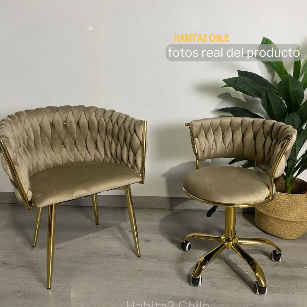 HABITA2 CHILE - Pack 2 sillas Queen Lite Manicurista base metal tapizado terciopelo