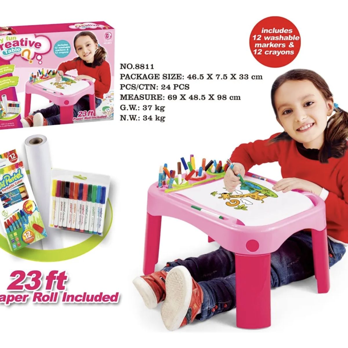 OKAY - Mesa Pizarra Para Niños - Con 24 Lápiz De Color Y Papel Color Rosado Con Fucsia