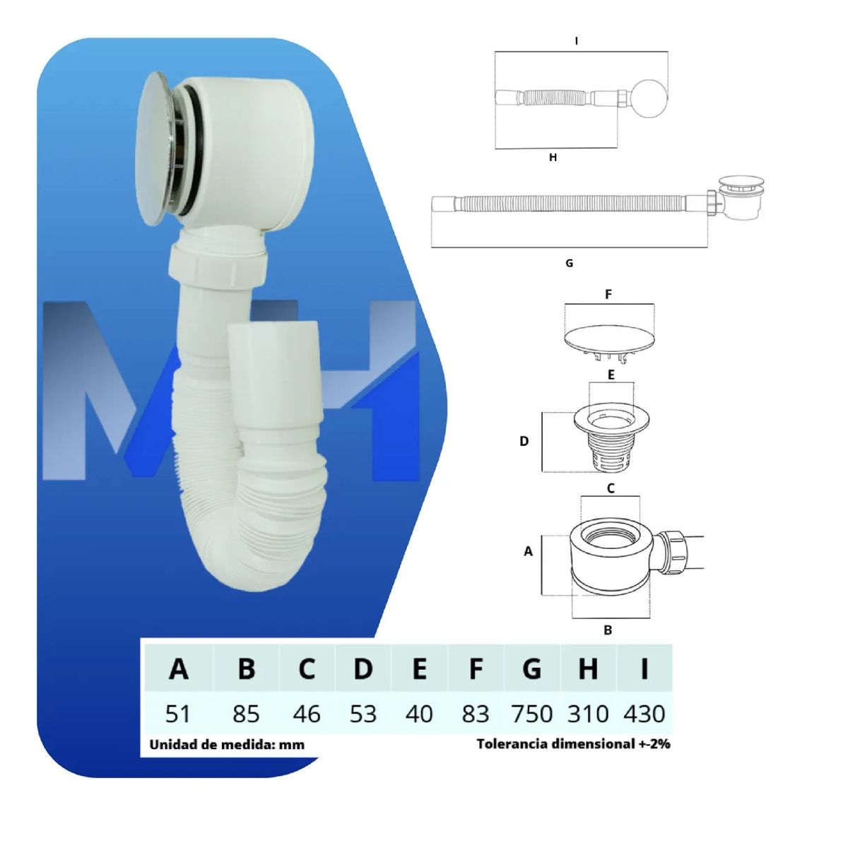 TAUMM - Desague Plastico Chico Para Receptaculo De Ducha 50 Mm Exten