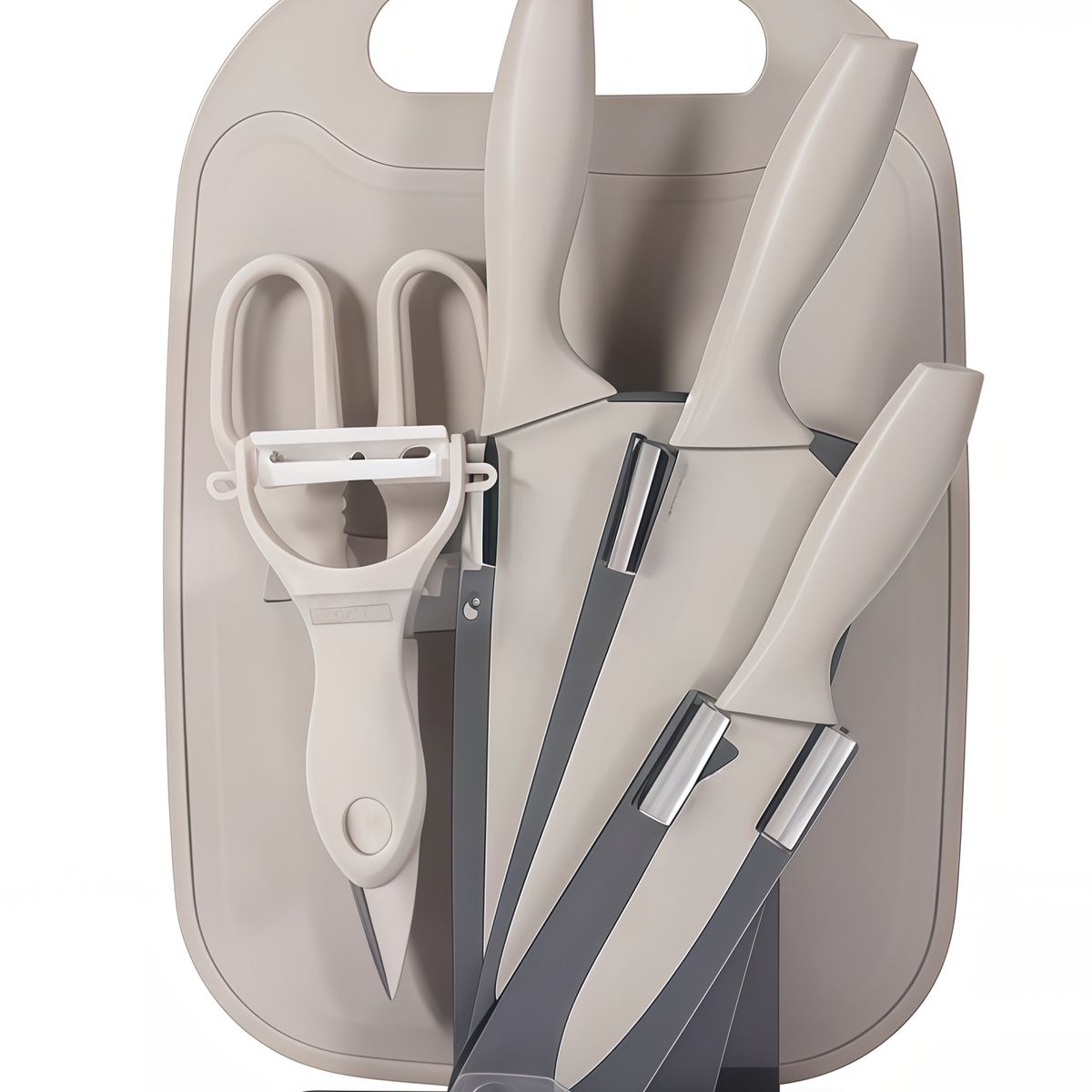 GENERICO - Set De Cuchillos 7 Piezas Acero Inoxidable +tabla+ Base Blanco