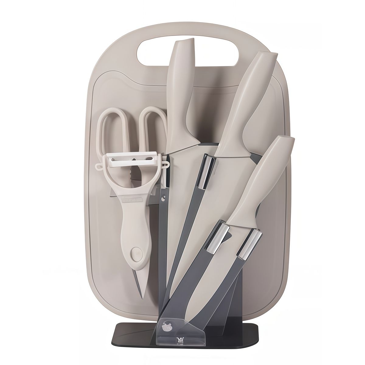 GENERICO - Set De Cuchillos 7 Piezas Acero Inoxidable +tabla+ Base Blanco