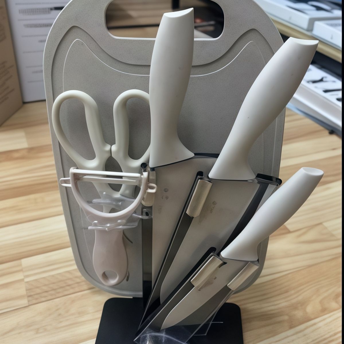 GENERICO - Set De Cuchillos 7 Piezas Acero Inoxidable +tabla+ Base Blanco