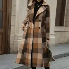 DANK - Abrigo Mujer Cuadros Camel