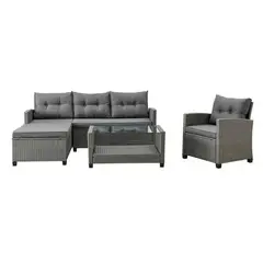 GENERICO - Juego terraza living 4 personas y mesa símil ratán gris