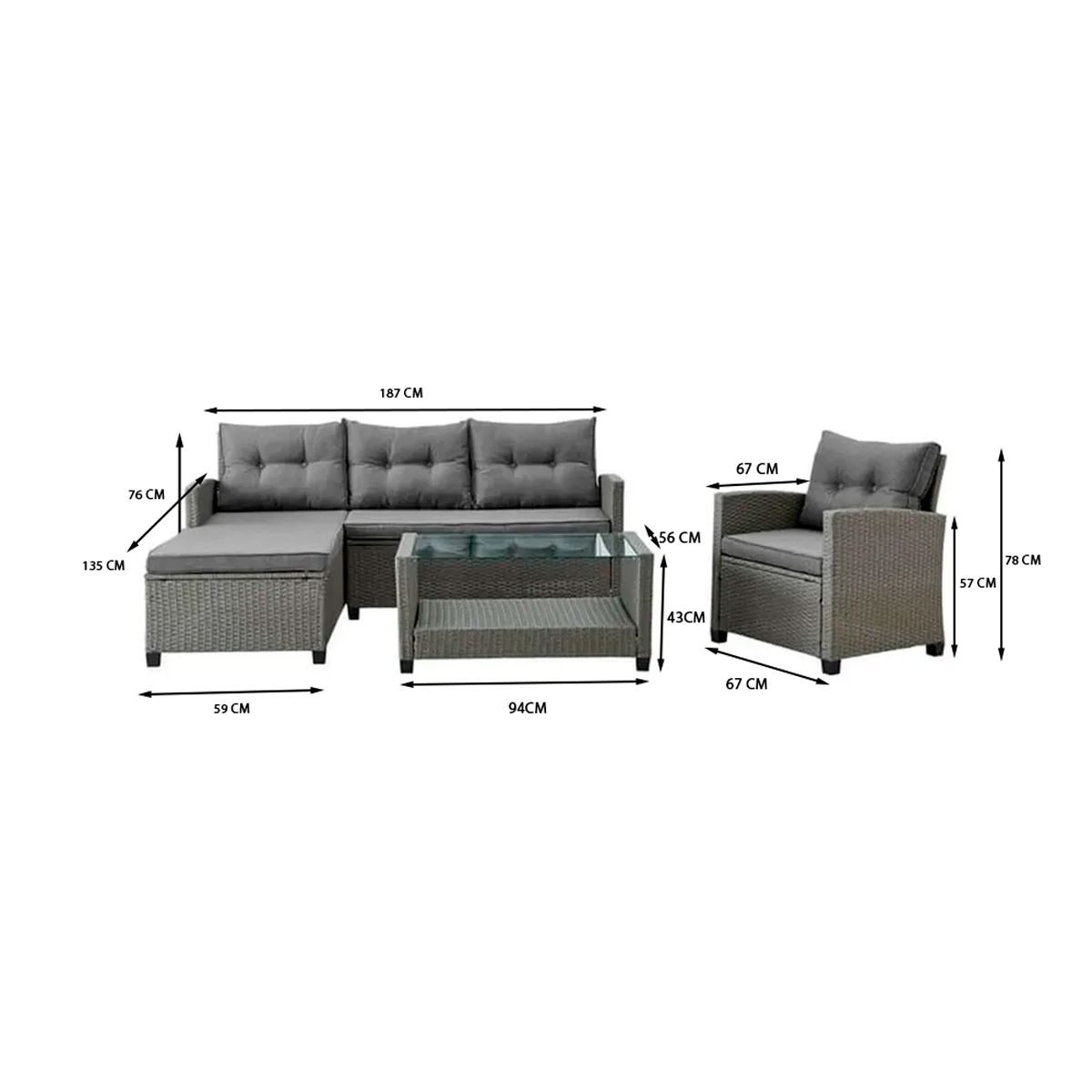 GENERICO - Juego terraza living 4 personas y mesa símil ratán gris