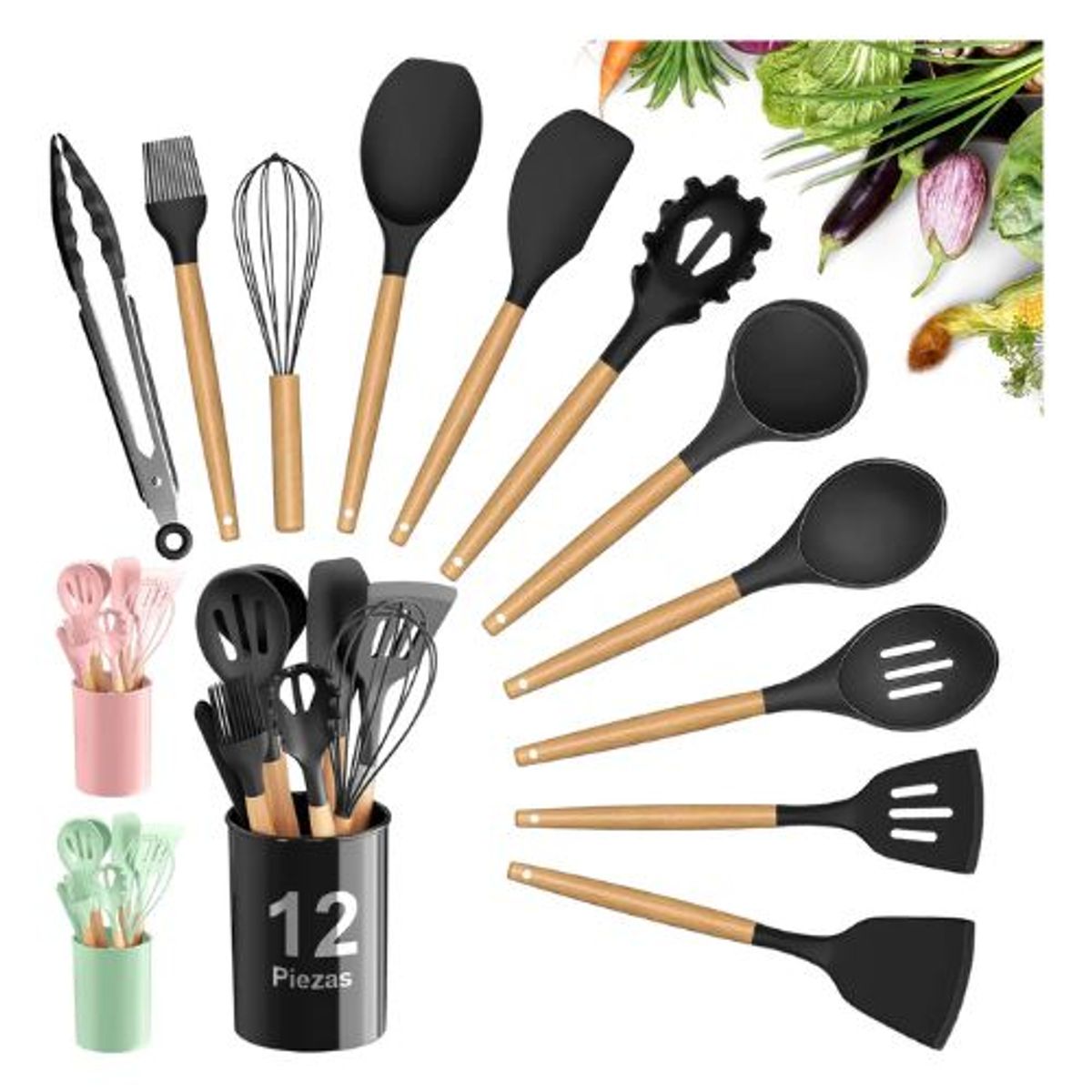 GENERICO - Utencilios Cocina Cucharones Utencilios Silicona 12 PZA Colores Surtidos