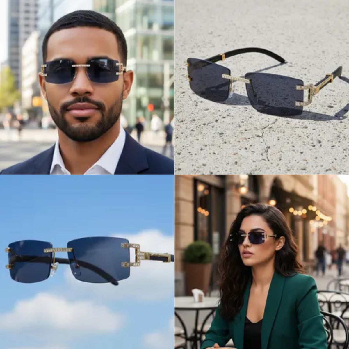 FANEL - Lentes de Sol Mujer Fanèl Royal Sky Rectangular Rimless Dorado con Lente Azul