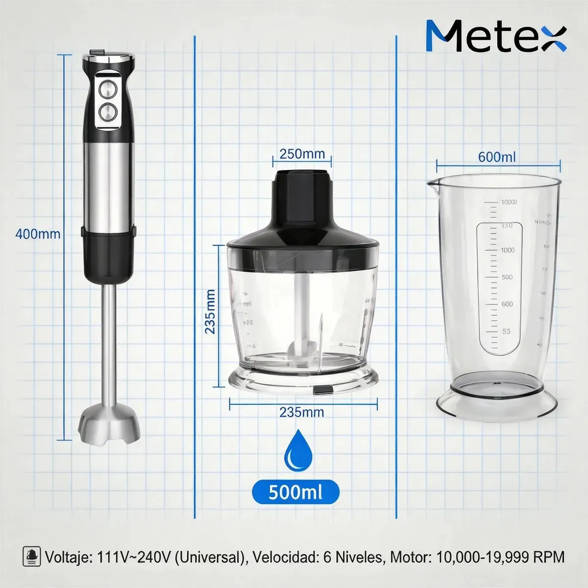METEX - Batidora De Inmersion Multifuncion Alta Potencia 6 En 1