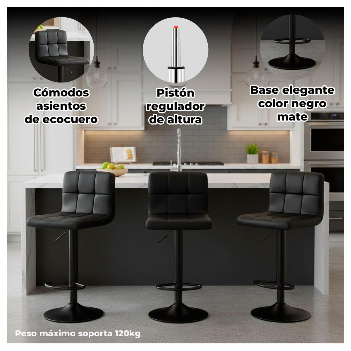 GLOBAL LATIN GROUP - Pack 2 Silla de Bar con Base Mate y Altura Regulable Diseño Moderno
