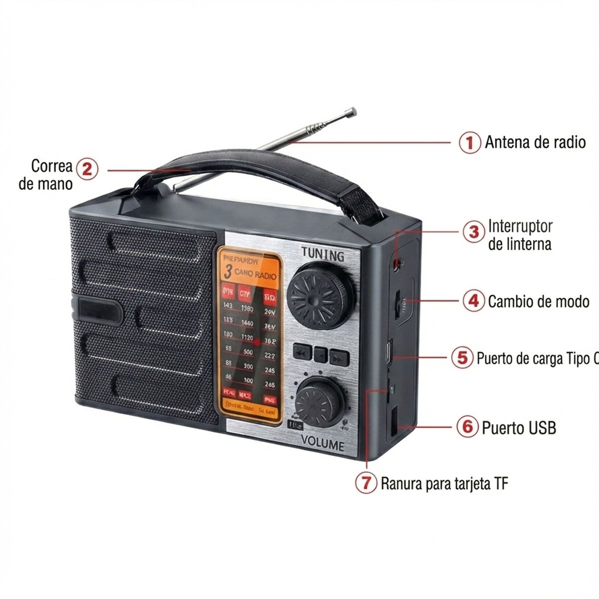 GENERAL - Radio Portátil Multibanda Retro FM AM SW Recargable USB MP3 con Linterna LED y Manilla Negro