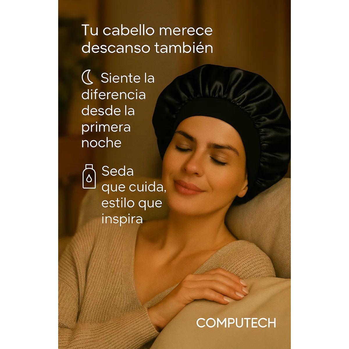 COMPUTECH - Gorro Satin Para Dormir Cabello Rizado Y Liso Evita Enredos Negro