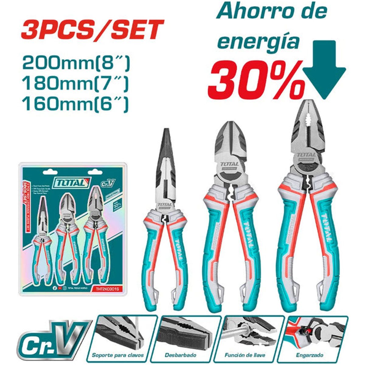 TOTAL - Set De 3 Alicates Manuales 6 7 8 Pulgadas Total Tht2k0301s