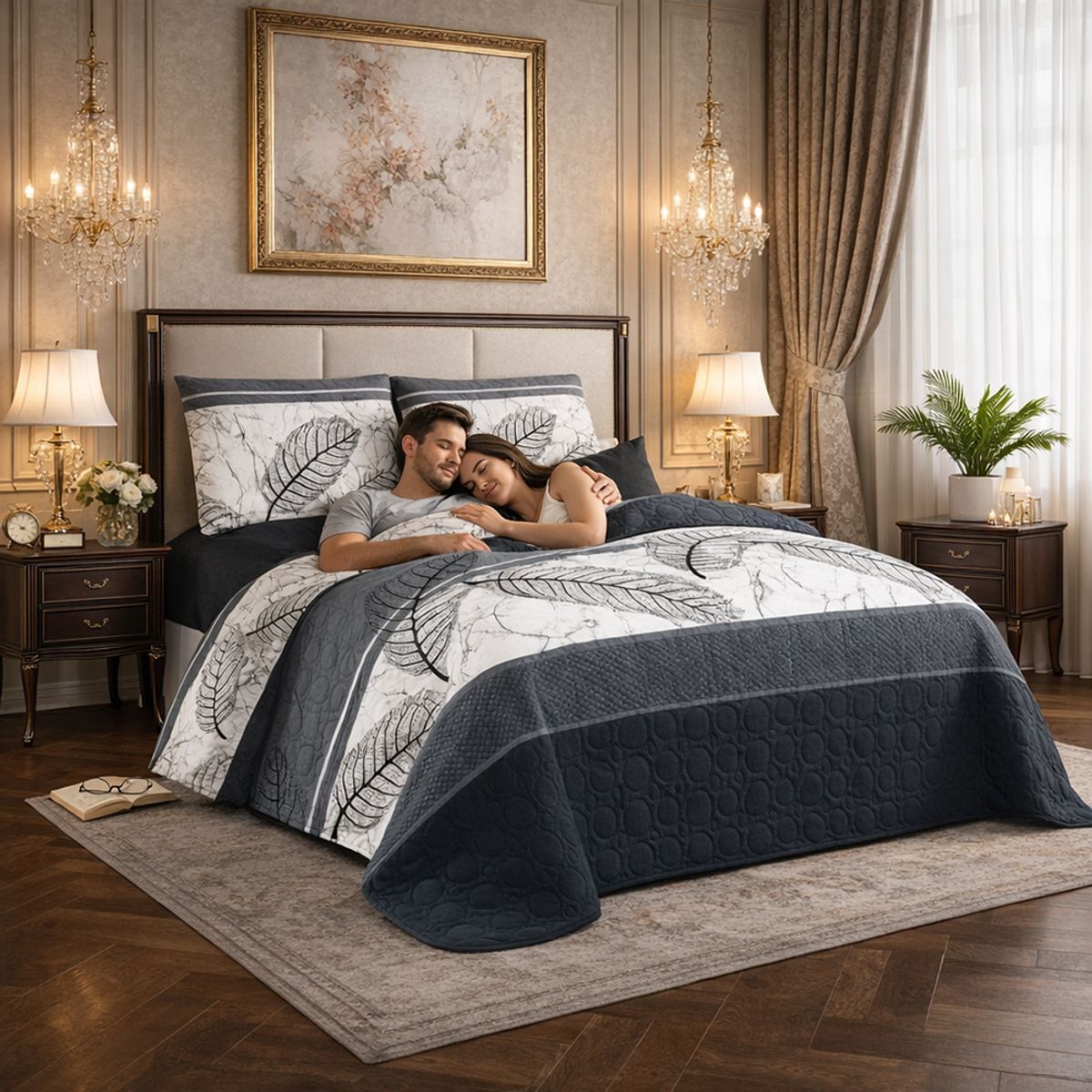 GENERICO - Cubre cama de verano negro estampado de plaza y media