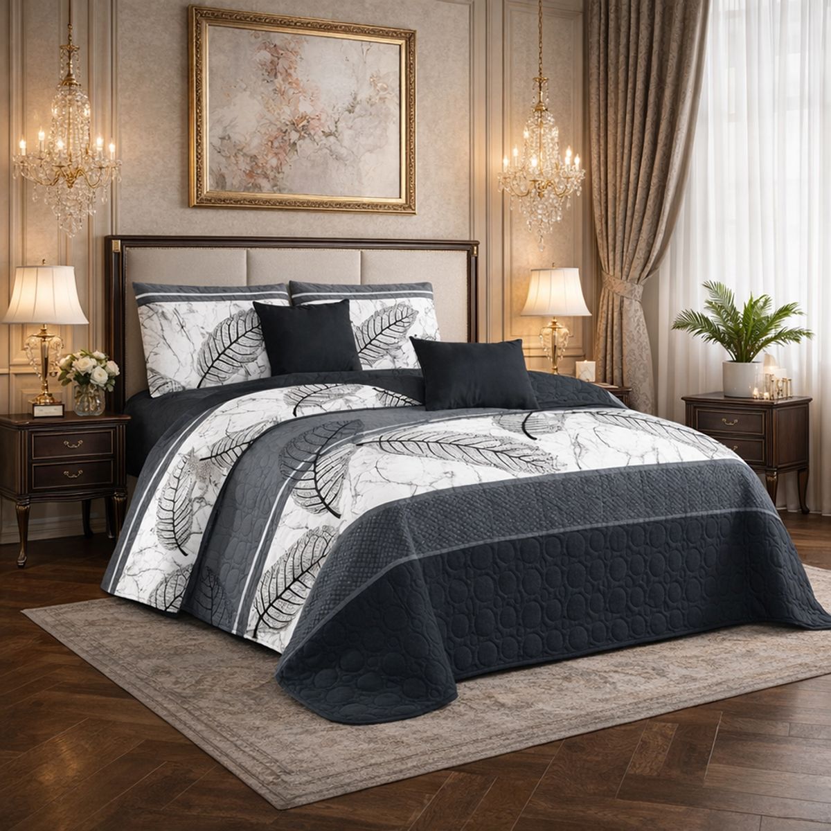 GENERICO - Cubre cama de verano negro estampado de plaza y media