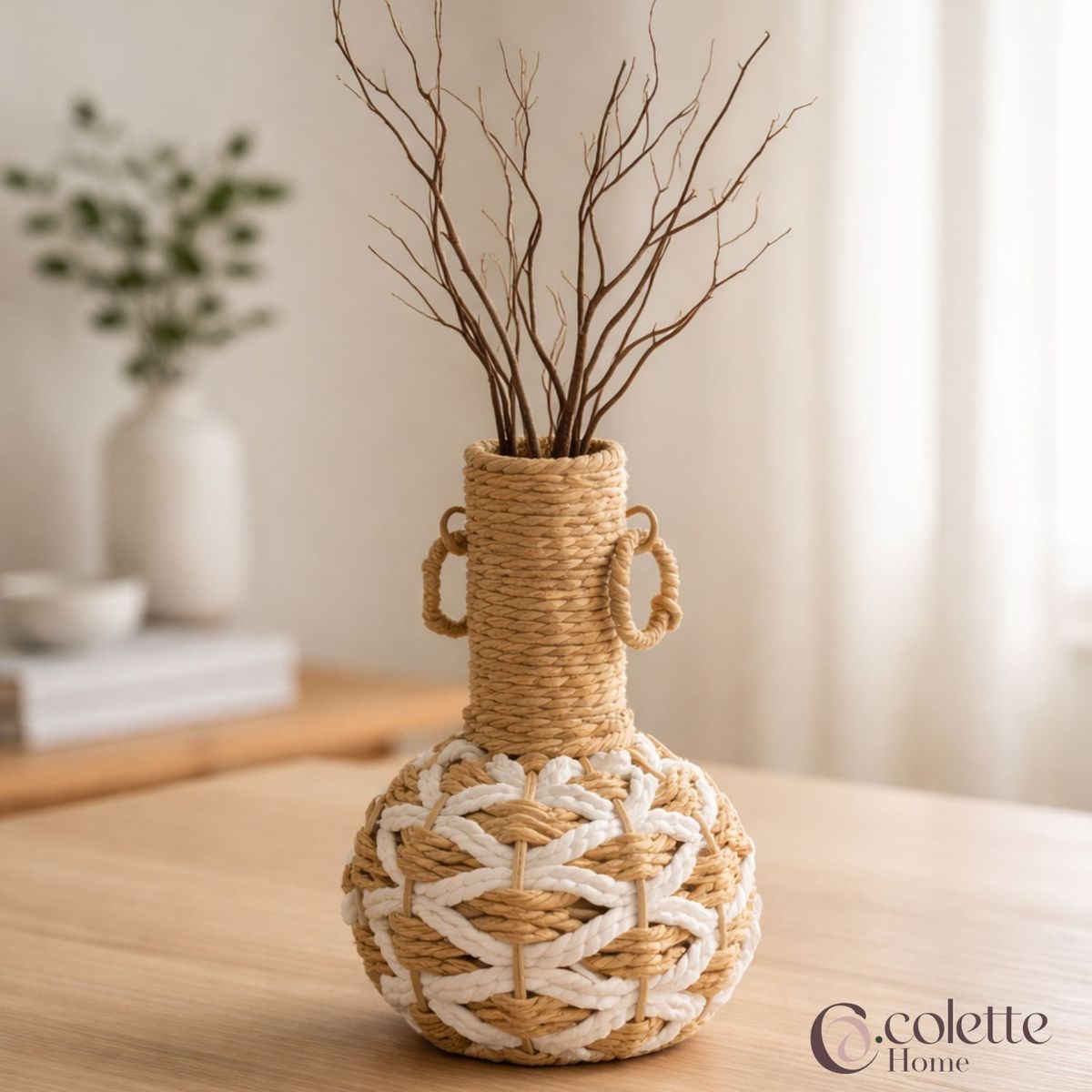 COLETTE - Jarrón y Florero Decorativo Funcional Tejido Yute  Boho Natural